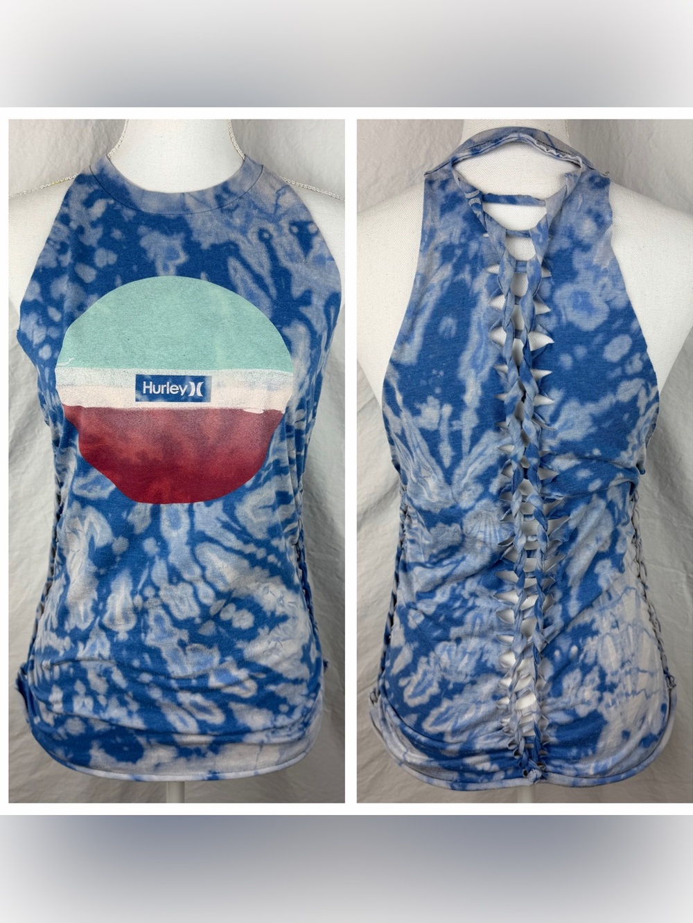 Hurley Racerback Tank Top-Upcycled Tie Dye-Clouds-Medium-Clouds/Ocean-Braided